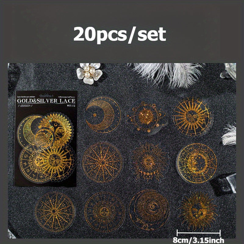 20pcs Waterproof Geometric Moon Sun Lace Stickers for Diary