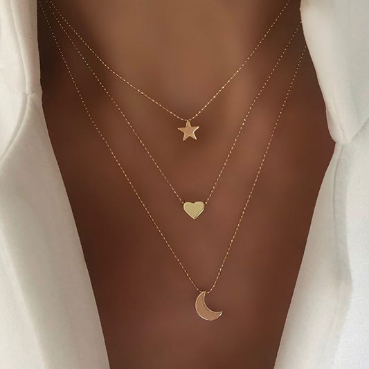 Star Moon Love Pendant Bead Necklace Multilayer