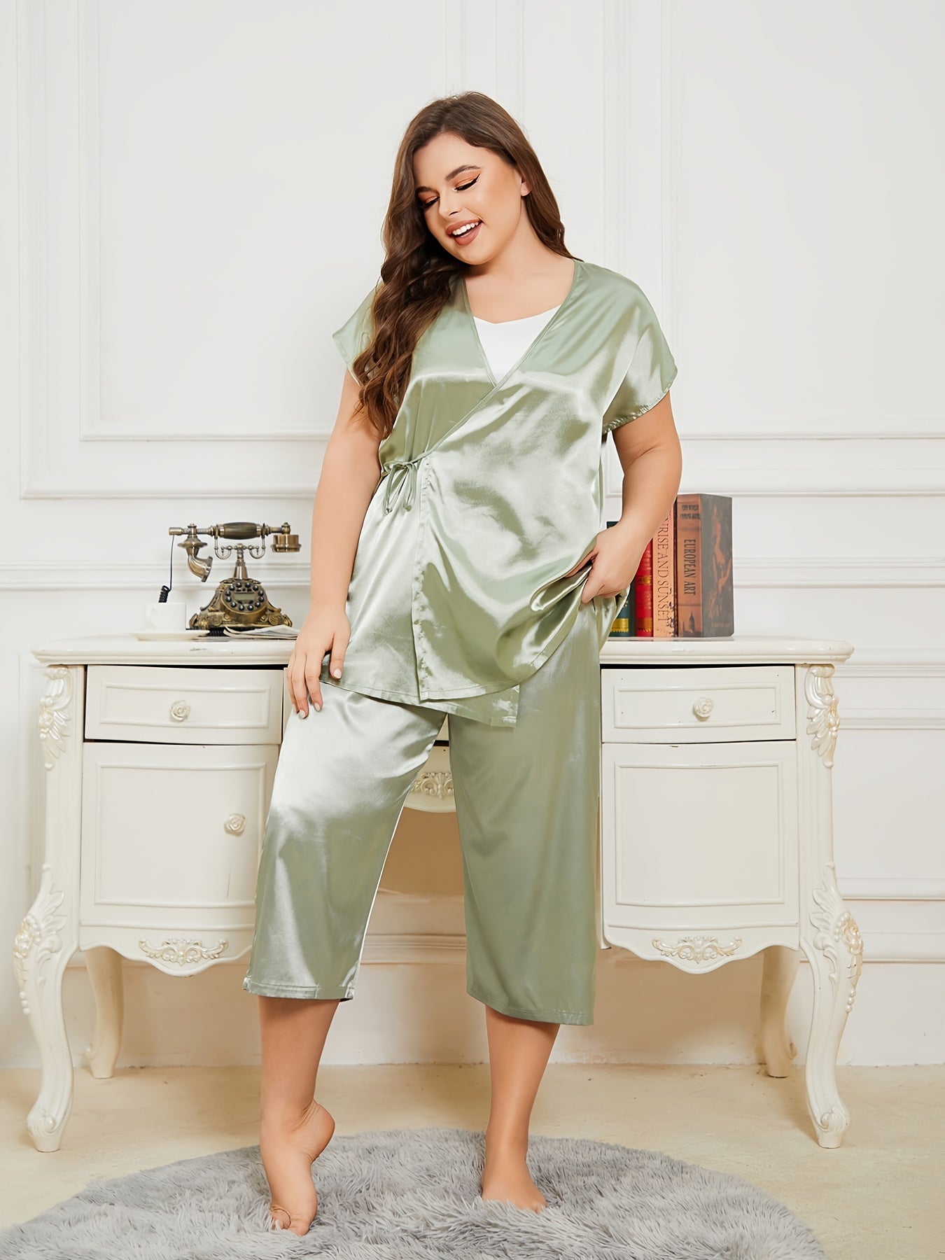 Short Sleeve Wrap Neck Top & Pants Pajama Set