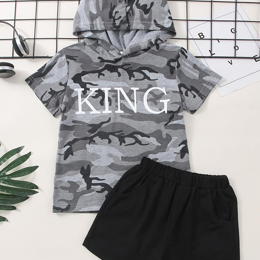 Boys Camo Print Cotton Hooded Top with KING Print & Shorts