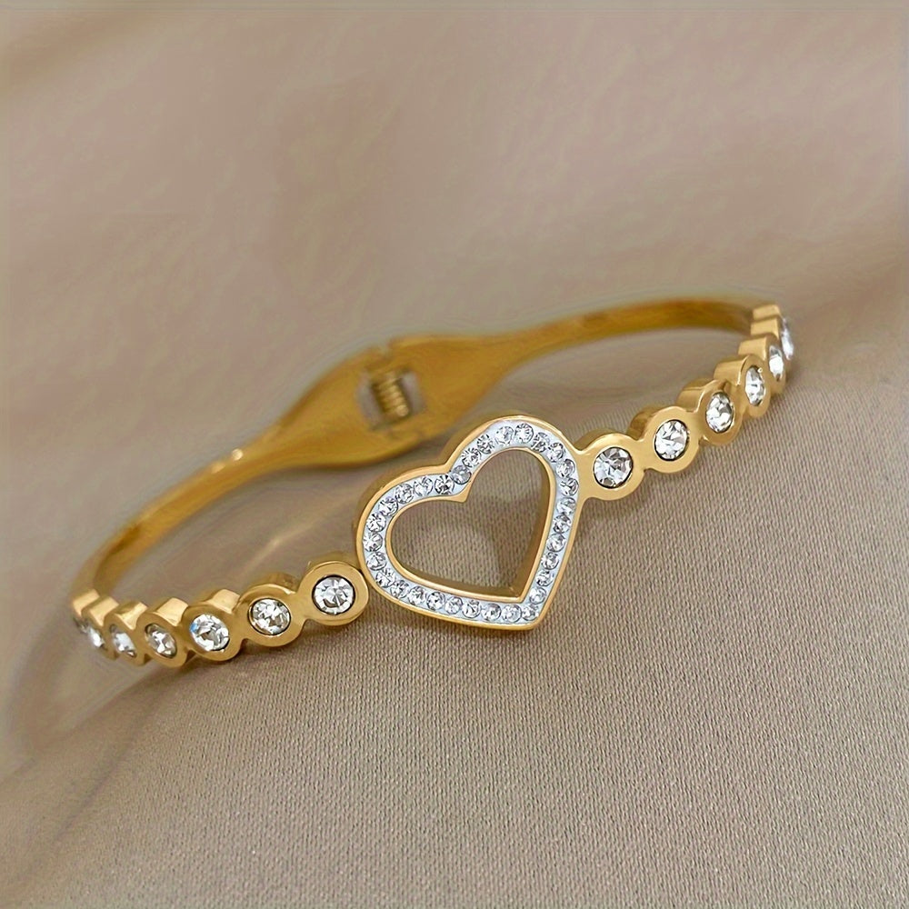 Stainless Steel Cuff Bracelet with Heart Rhinestone Charm