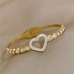 Stainless Steel Cuff Bracelet with Heart Rhinestone Charm