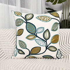 Leaf Embroidered Canvas Throw Pillow Cover for Home Decor