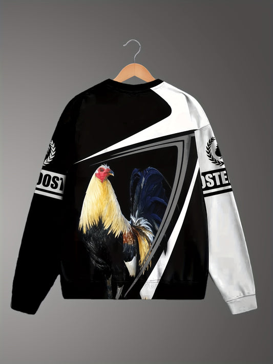Rooster Print Crew Neck Sweatshirt Men's Casual Sports Top