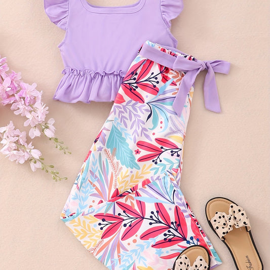 Girls Ruffle Top & Floral Print Pants 2pcs With Belt
