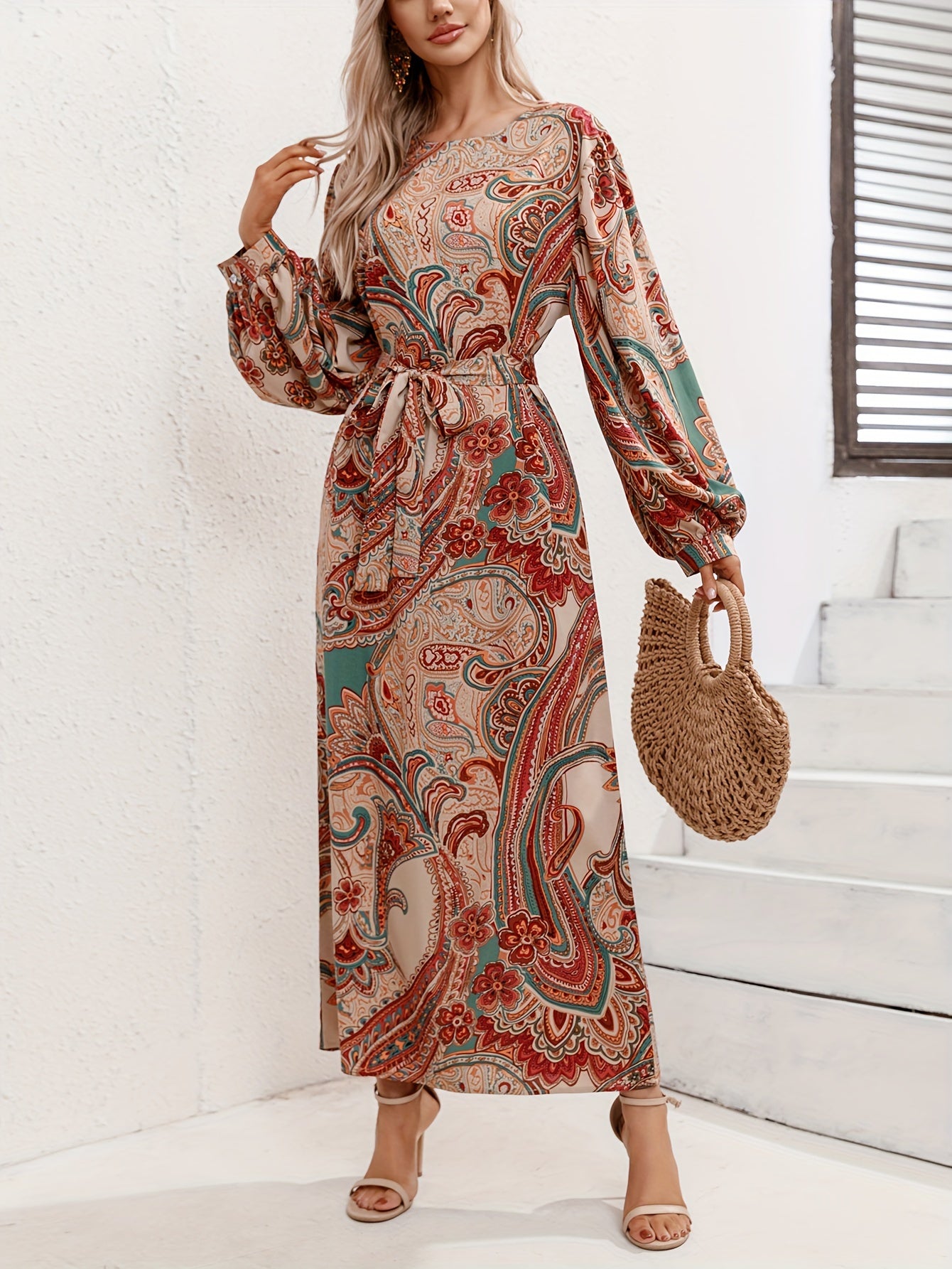 Boho Plus Paisley Print Lantern Sleeve Maxi Dress