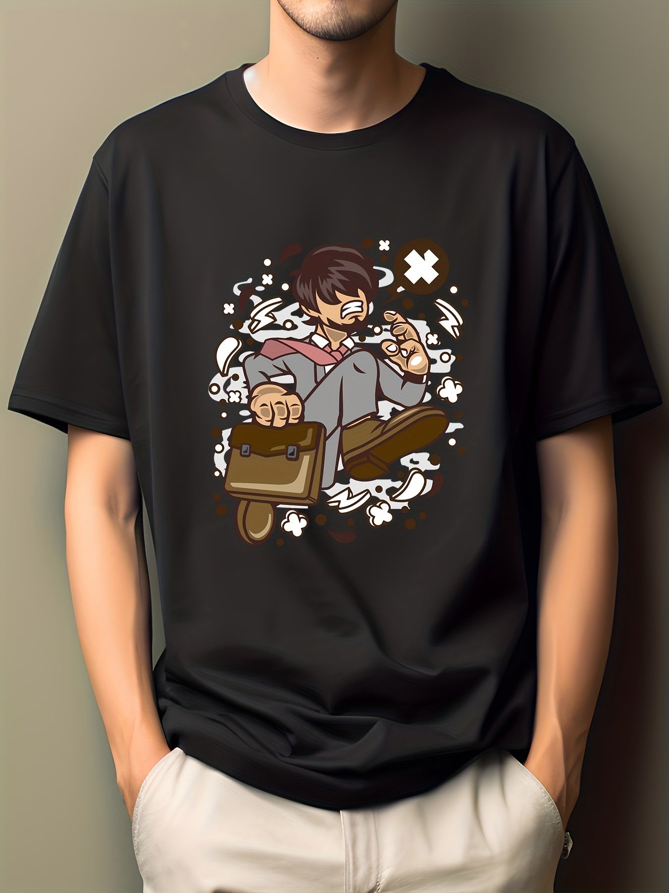 Men's Cartoon Print Hip Pop Tee - Short Sleeve Crew Neck T-shirt
