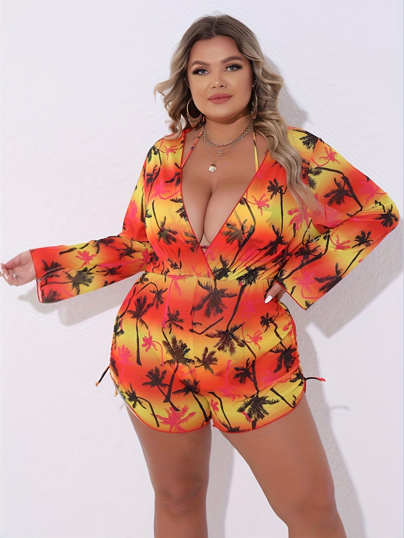  Vacay Tankini Set Women's Plus Ombre & Trees Print Bikini Set & Romper