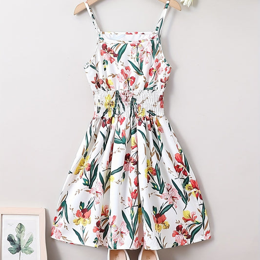 Girls Sling Dress Flower Casual Shirred Camisole Dress
