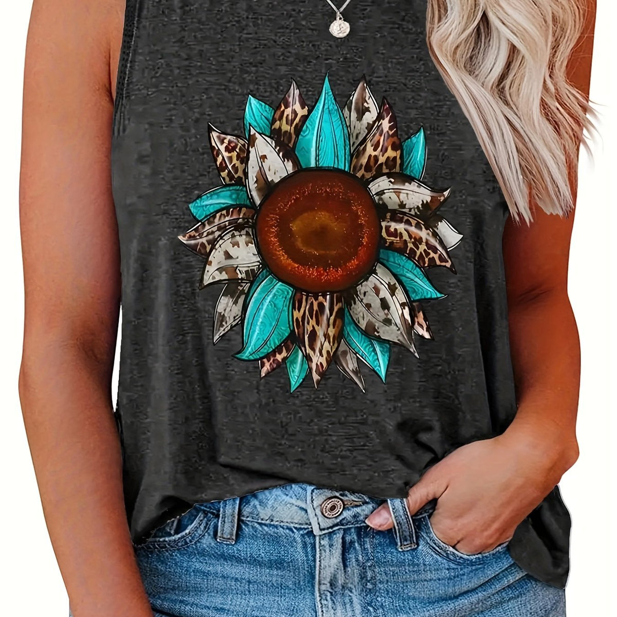  Leopard Sunflower Print Round Neck Tank Top