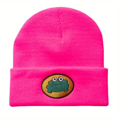 Cartoon Frog Embroidery Beanie Hat Warm Unisex Ski Cap