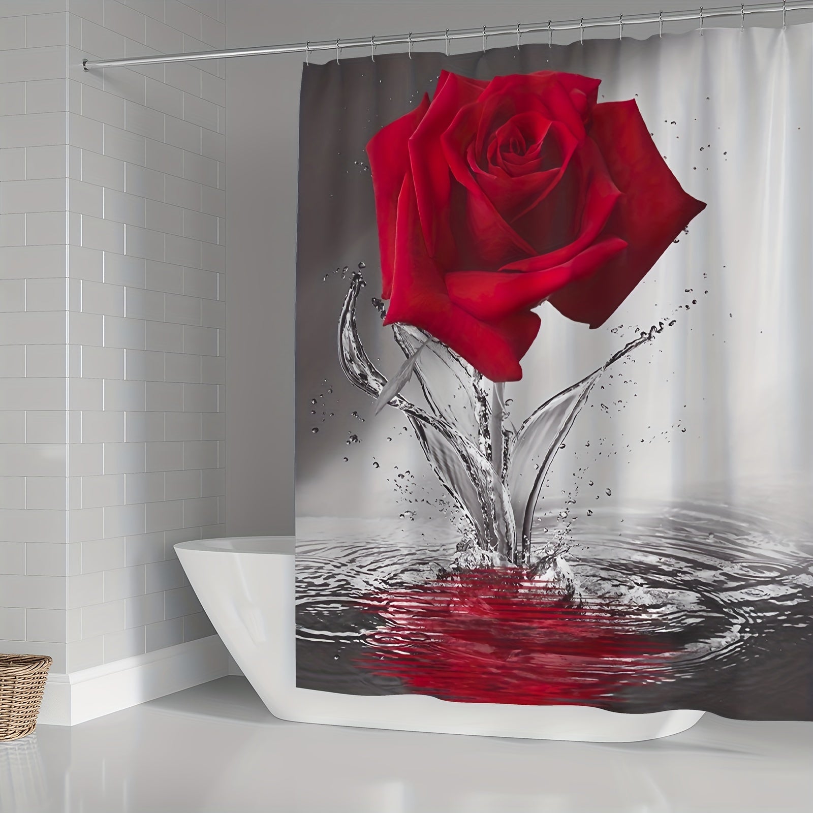 Romantic Floral Red Rose Shower Curtain Set with Non Slip Mat and Hooks