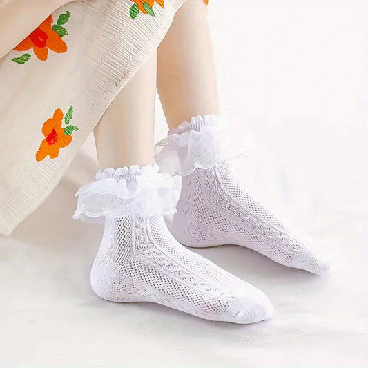 3 Pairs Girls Kids Lace Ruffled Princess Socks Breathable Comfy Children's Socks