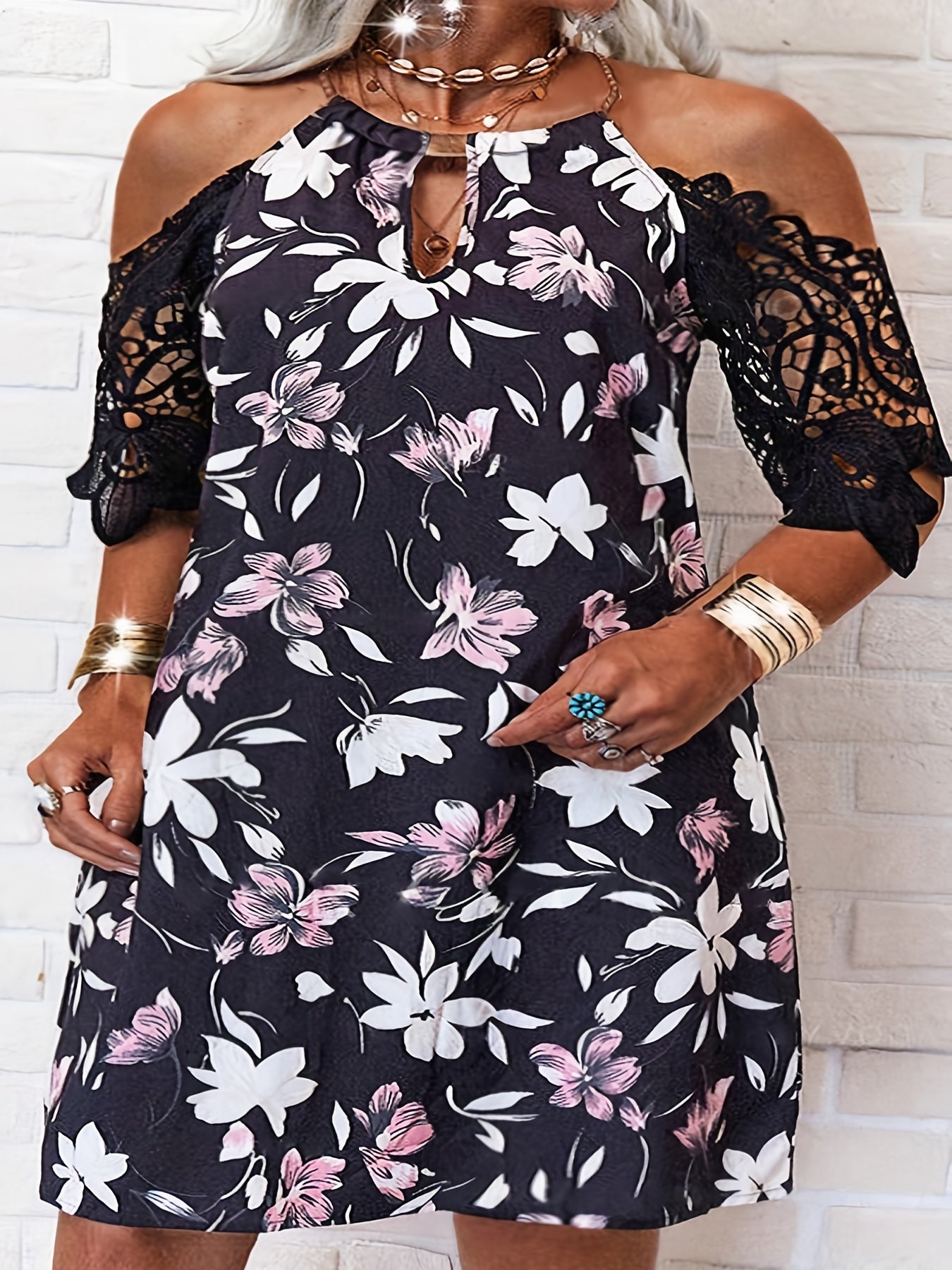  Casual Dress Women's Plus Floral Print Lace Cold Shoulder Midi Dress