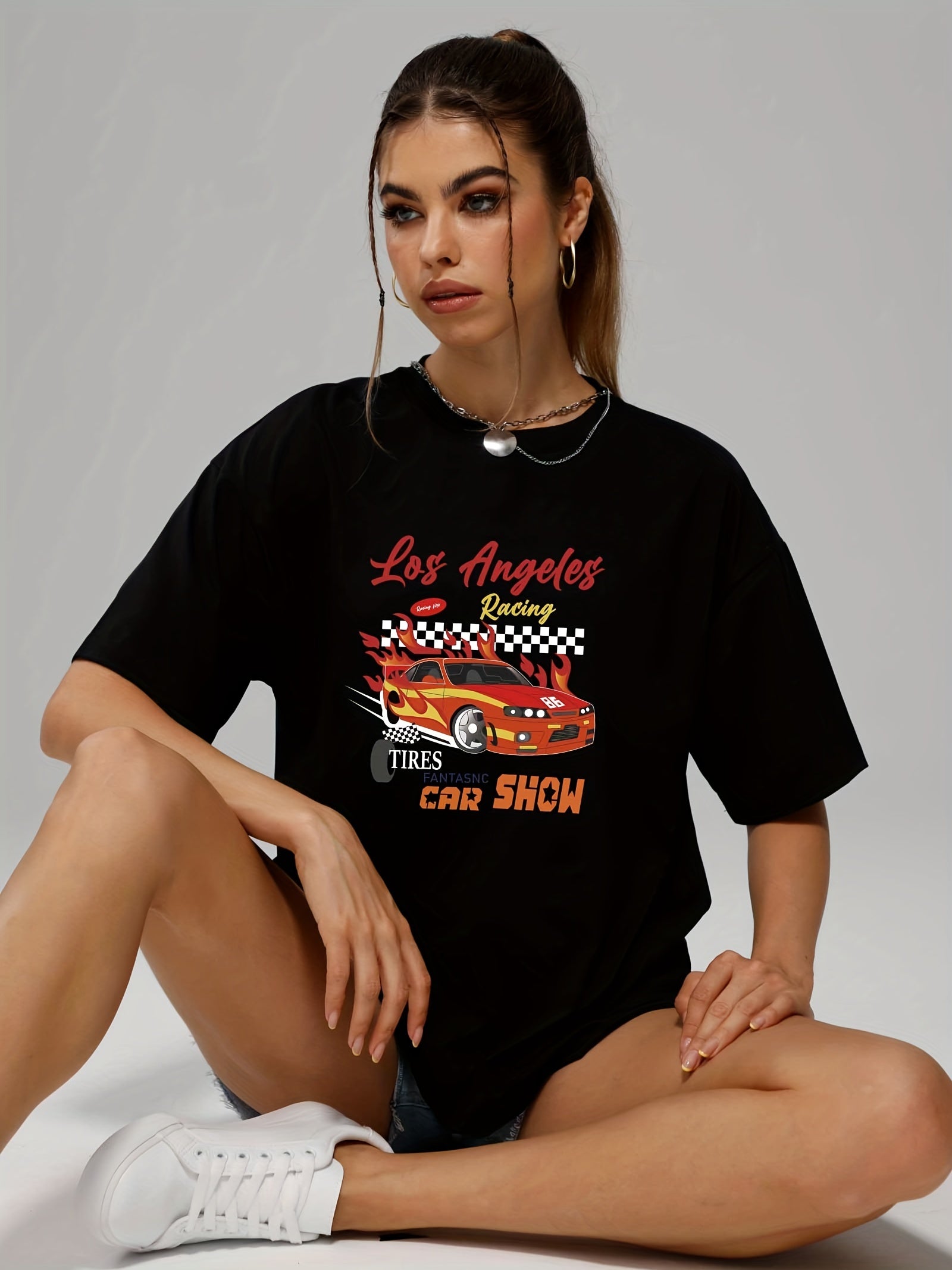 Modern Car & Letter Print T shirts Short Sleeve O neck Tee Women's Summer Tops