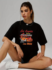 Modern Car & Letter Print T shirts Short Sleeve O neck Tee Women's Summer Tops