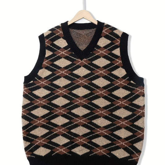 Vintage Style V Neck Diamond Pattern Sweater Vest for Men