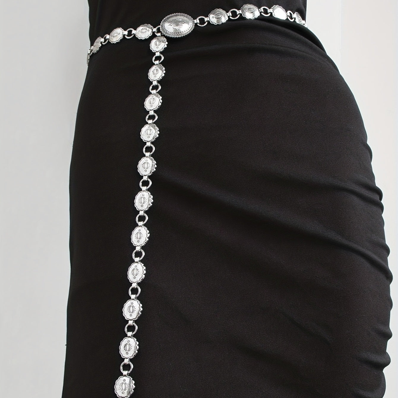 Boho Carved Waist Chain Vintage Silvery Metal Chain Belt Adjustable Body Jewelry