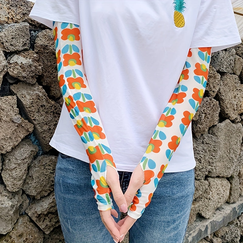 Extended Print Sleeves Sunproof Gloves Elastic Fingerless Long Gloves