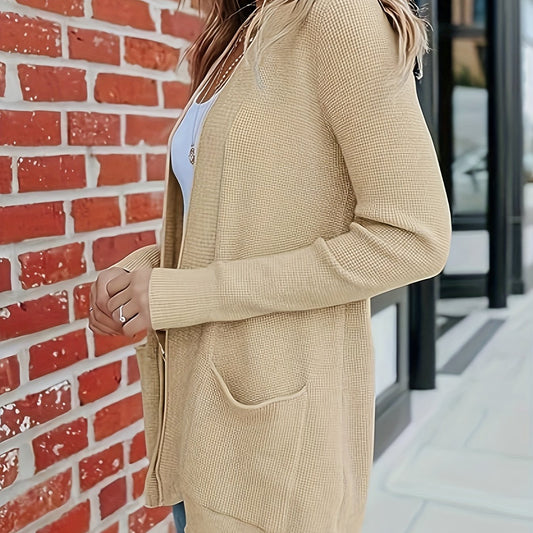  Solid Long Sleeve Open Front Cardigan With Pockets