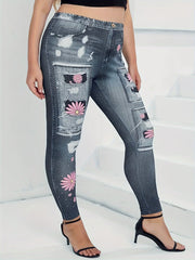  Denim & Floral Print High Rise Leggings