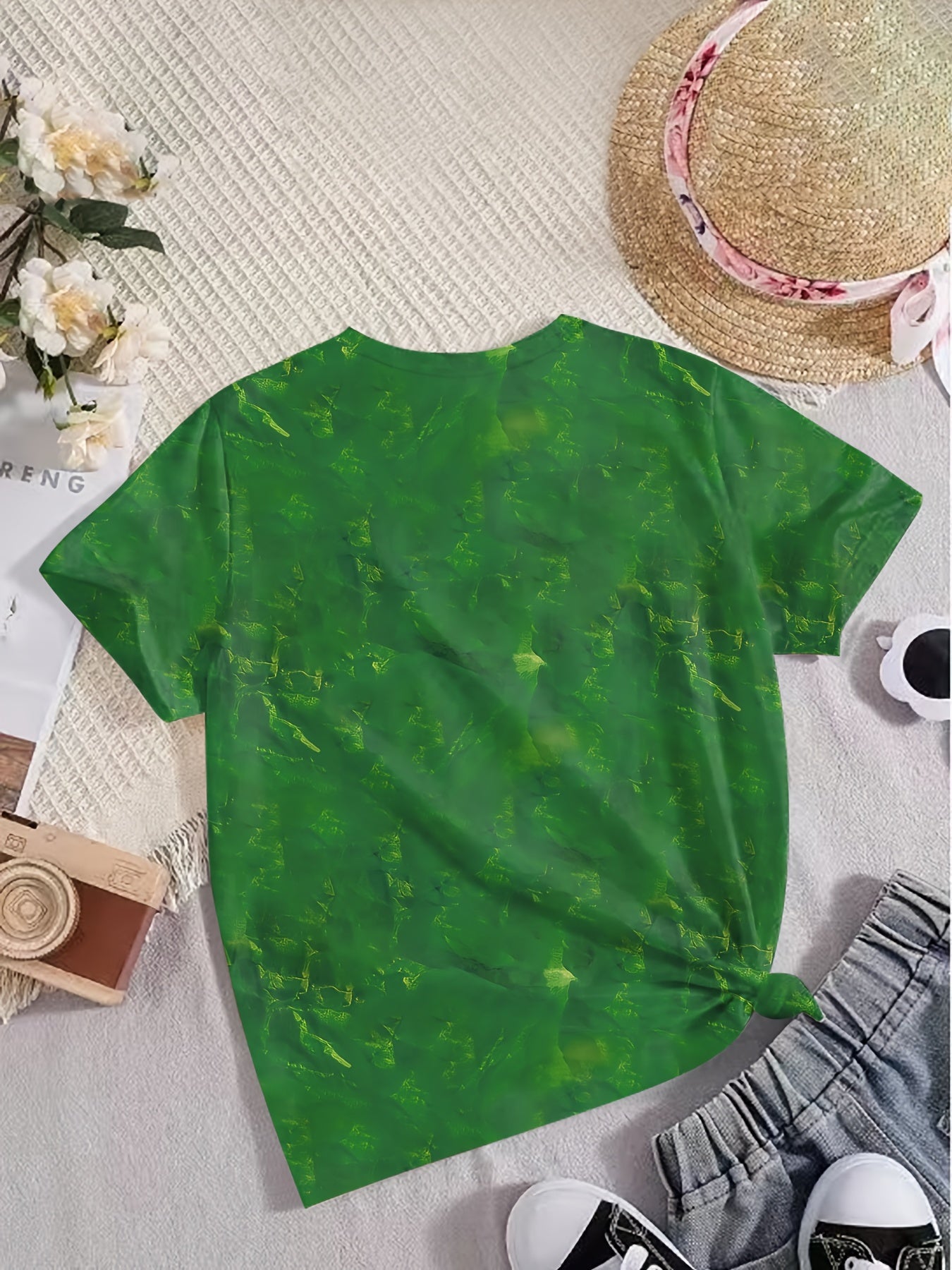 Cat & Shamrock Print Short Sleeved T-Shirt Girls Summer Clothes