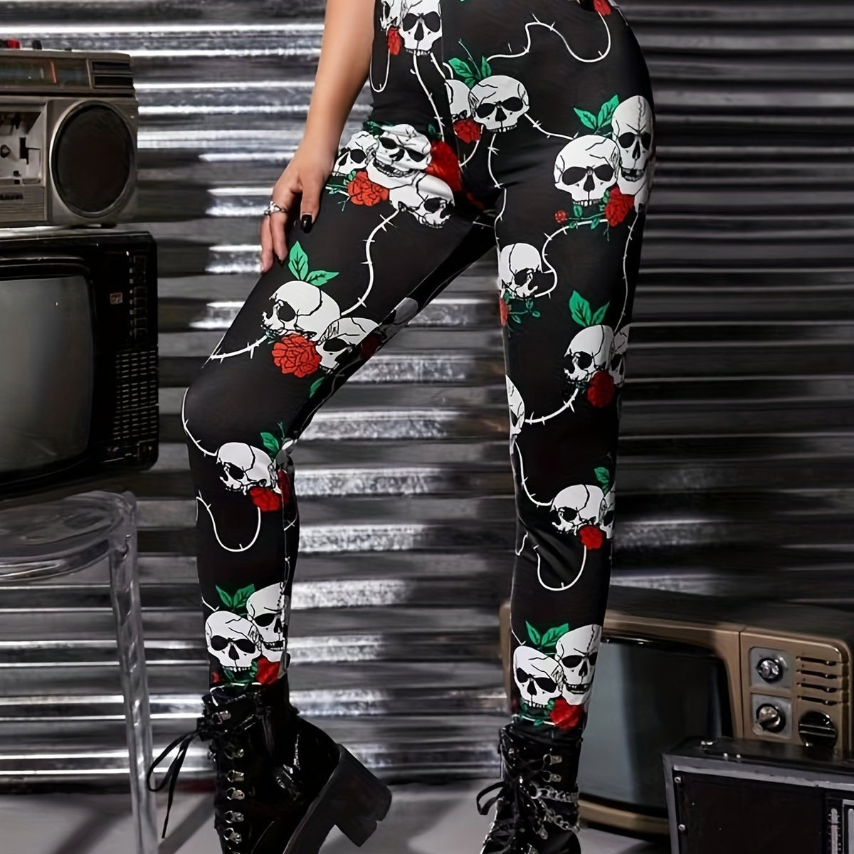  Rose & Skull Print High Waist Yoga Pants