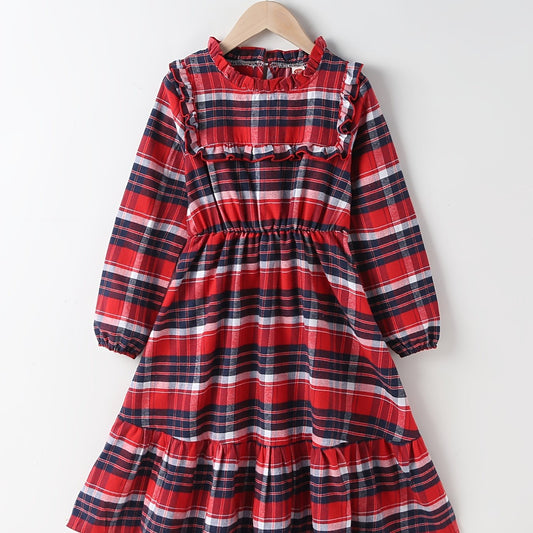 Girls Red Plaid Pleated Dress for Christmas