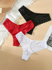 3pcs Lace Thongs Breathable & Comfy Panties Women's Lingerie