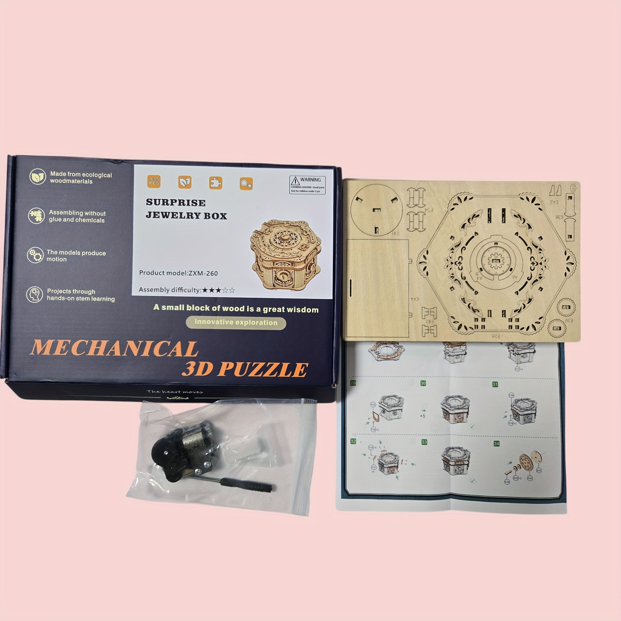 DIY 3D Wooden Puzzle Music Jewelry Box for Adults
