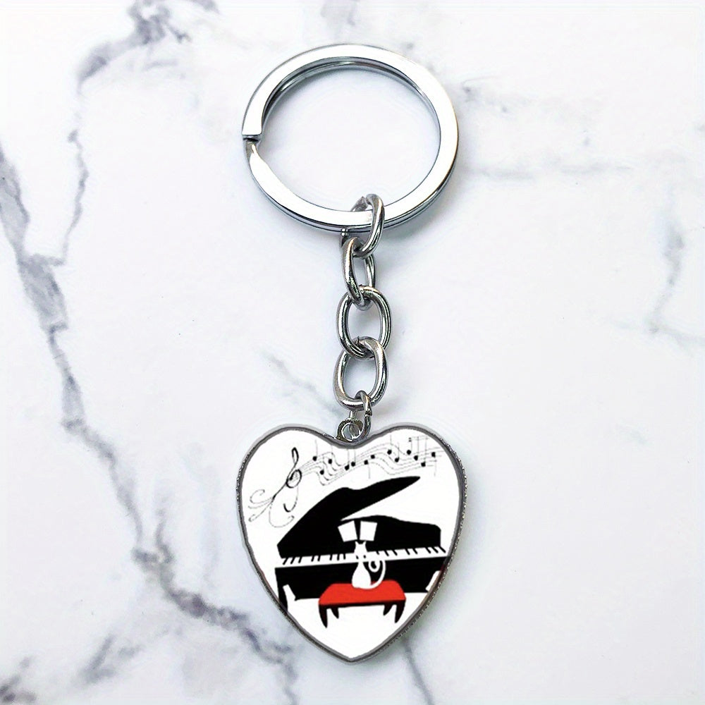 Piano Keys Music Notes Key Chain Heart Shaped Glass Gem Pendant Keyring