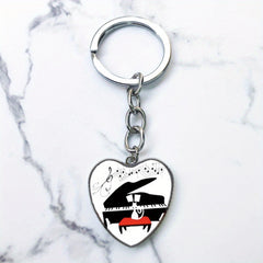 Piano Keys Music Notes Key Chain Heart Shaped Glass Gem Pendant Keyring
