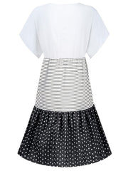 Striped Polka Dot Stitching Dress V Neck Short Sleeve Flared Dress