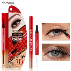 2-in-1 Waterproof Eyeliner Mascara Pen with 4D Silk Fiber Curling Mascara