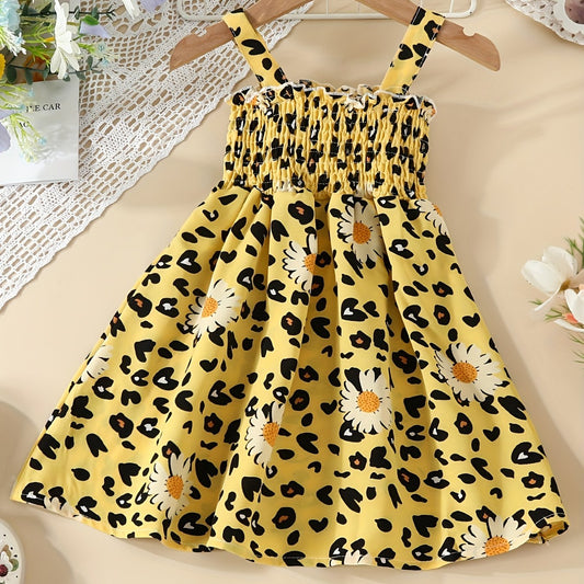 Toddler Girls Leopard Flowers Graphic Frill Trim Cami Dress
