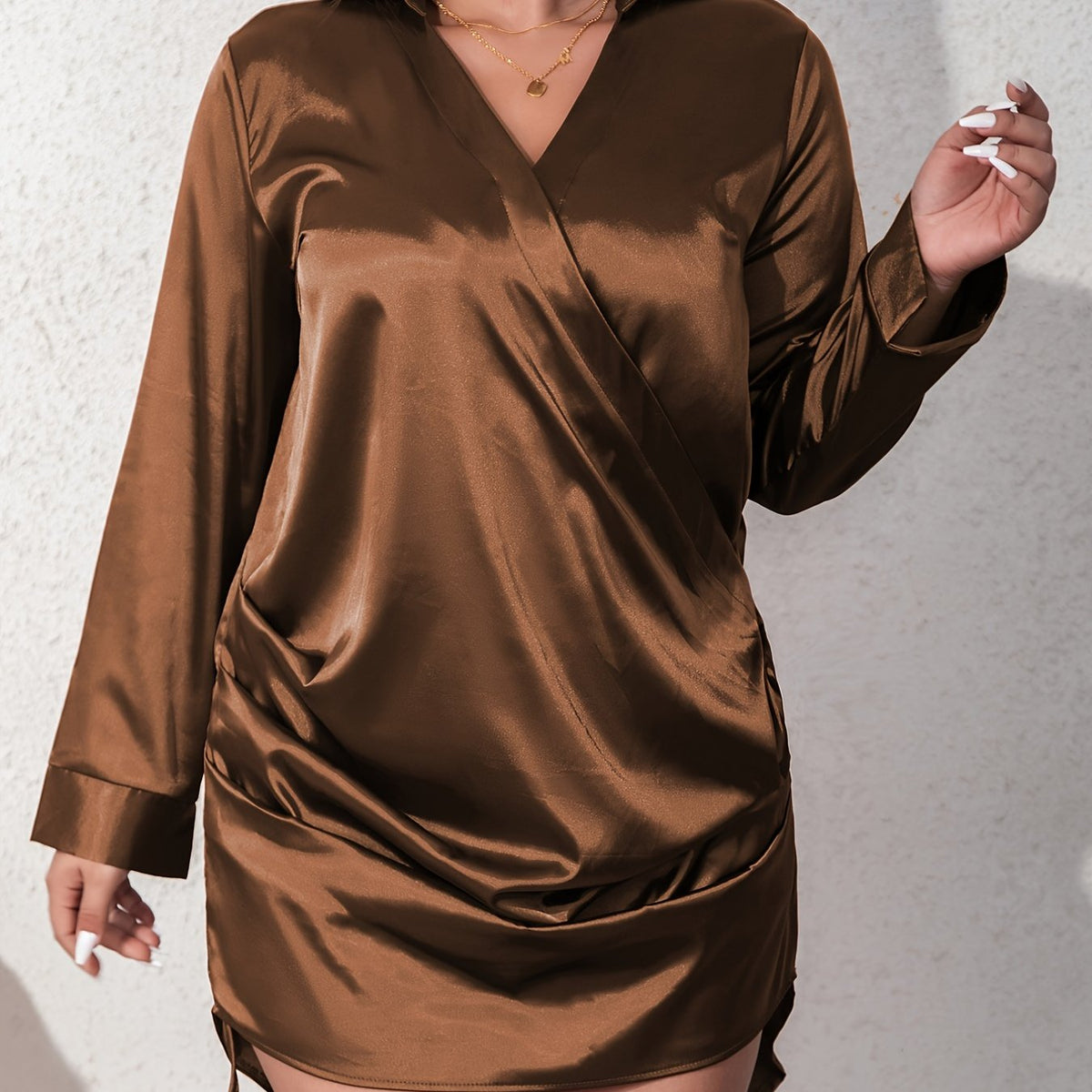  Satin V-Neck Long Sleeve Wrap Midi Dress