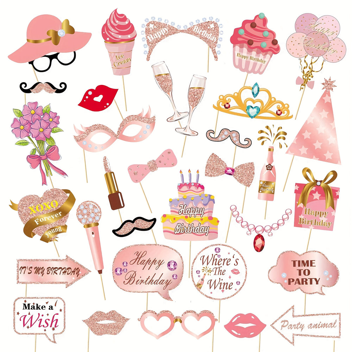 33pcs Rose Gold 13-60 Years Old Birthday Photo Props Pink Party Decorations
