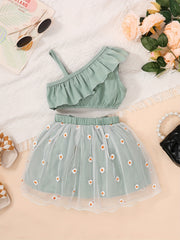2pcs Toddler Girls Ruffle Crop Top & Floral Mesh Skirt Set