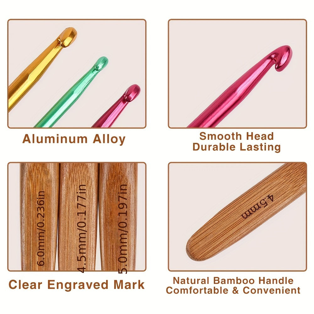 9pcs Crochet Hook Set Bamboo Handle Aluminum Knitting Needle Yarn DIY Tool