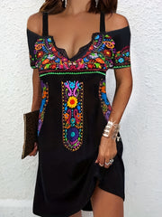 Tribal Print Cold Shoulder Dress Short Sleeve V Neck Dress