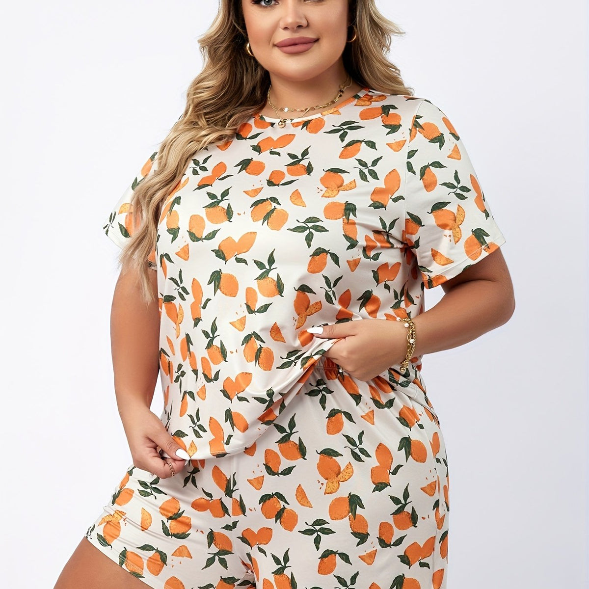  Orange Print Tee & Shorts Pajama Set