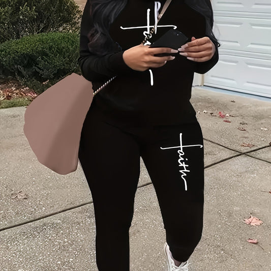  Women's Letter Print Hoodie & Pants Set