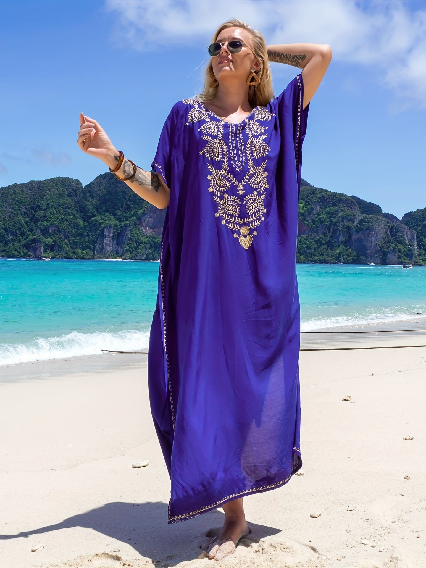  Boho Kaftan Dress Women's Plus Tribal Embroidered Batwing Sleeve