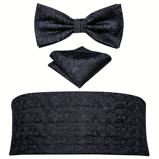 Barry Wang Men's Cummerbund Bowtie Set Silk Paisley Floral Pre-tied
