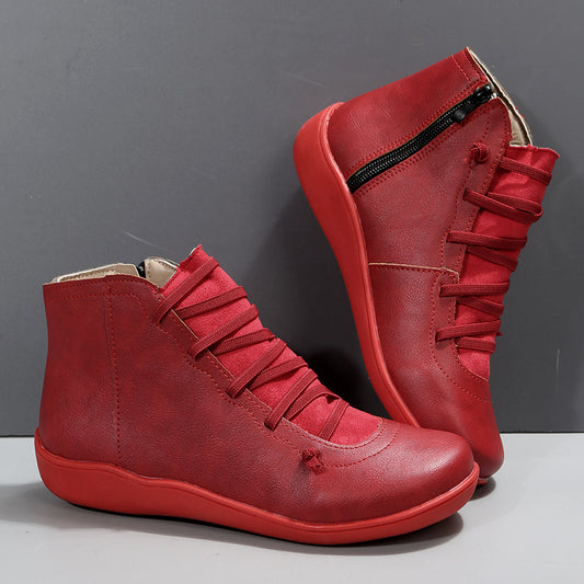 Women's Ankle Boots Zip Lace-up Detail Flat Boots