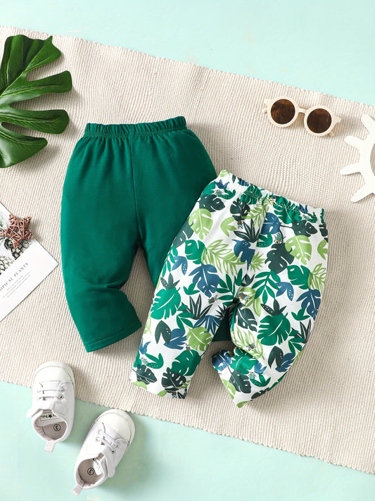 2pcs Baby Boy Green Plant Printed Leggings Cotton Trousers