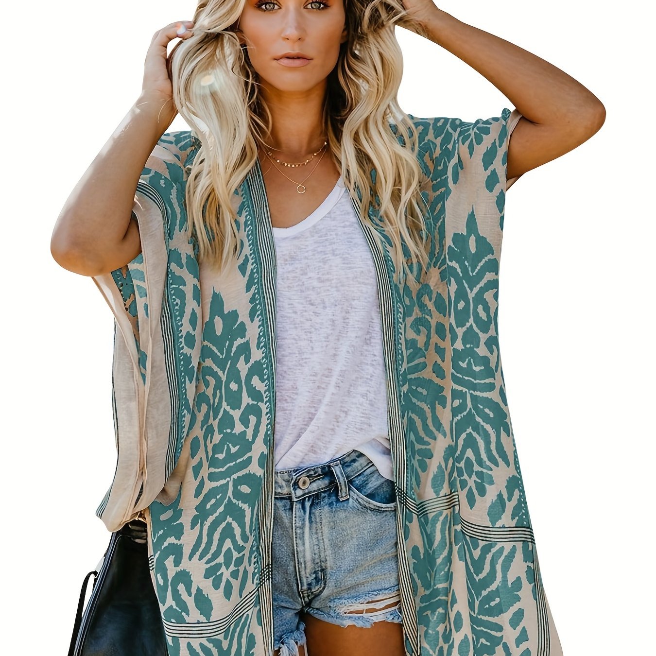 Boho Cover Up Plus Size Women Graphic Print Pompom Trim Kimono
