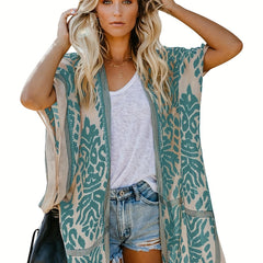 Boho Cover Up Plus Size Women Graphic Print Pompom Trim Kimono