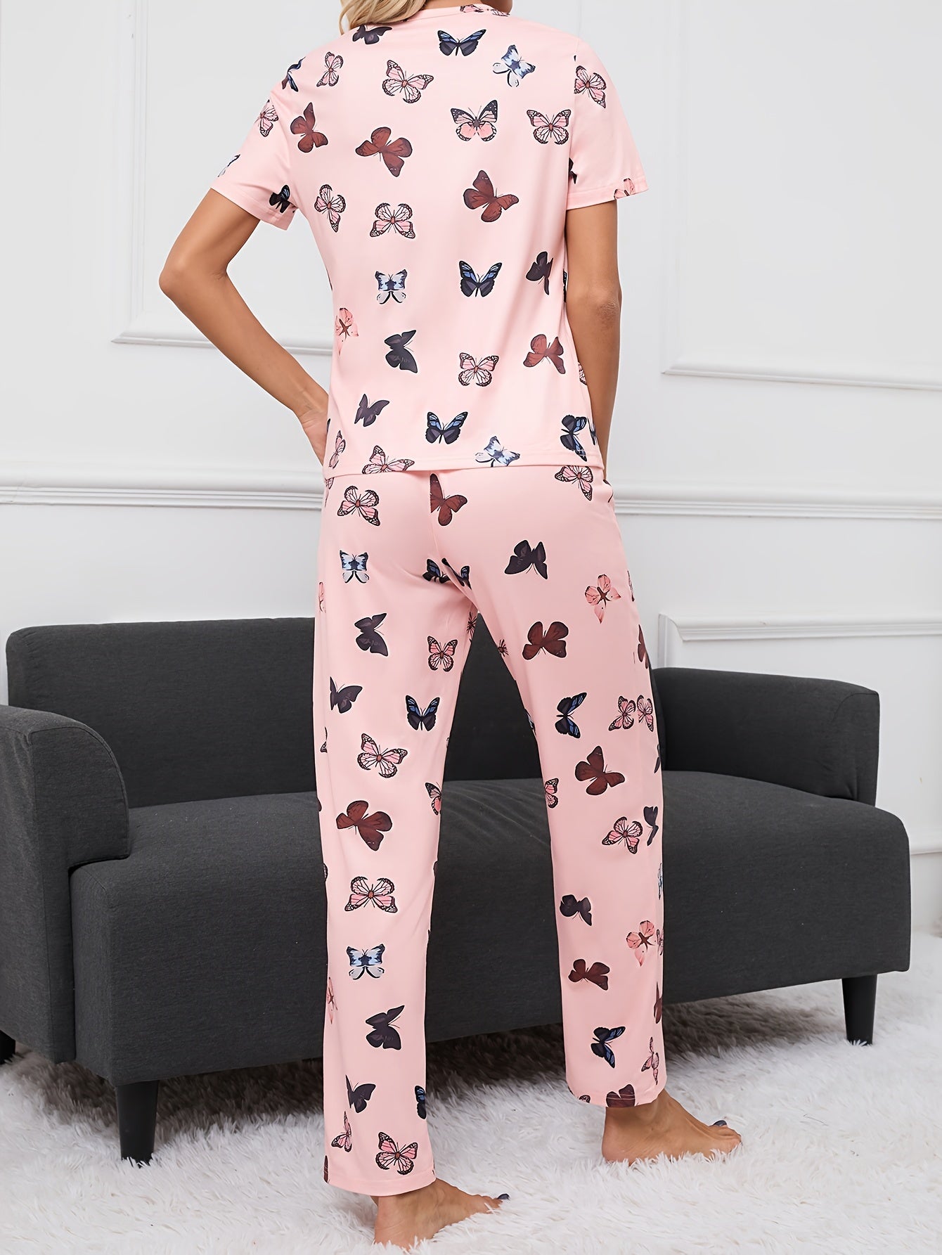Butterfly Print Pajama Set Short Sleeve Crew Neck Top & Pants Women's Sleepwear