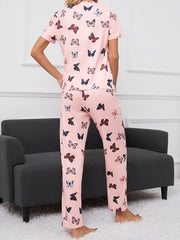 Butterfly Print Pajama Set Short Sleeve Crew Neck Top & Pants Women's Sleepwear